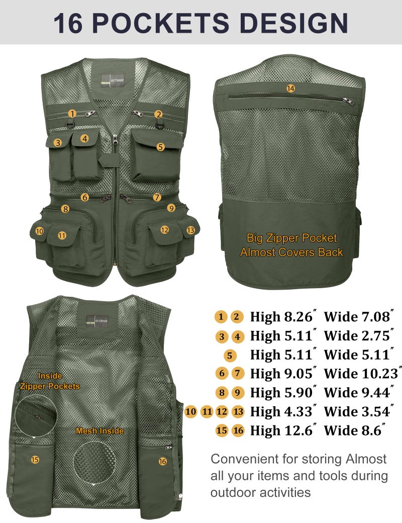 Flygo Men's Fishing Vest Utility Lightweight Outdoor Travel Safari Photo Cargo Vest with 16 pockets mesh Army Green M - Image 2